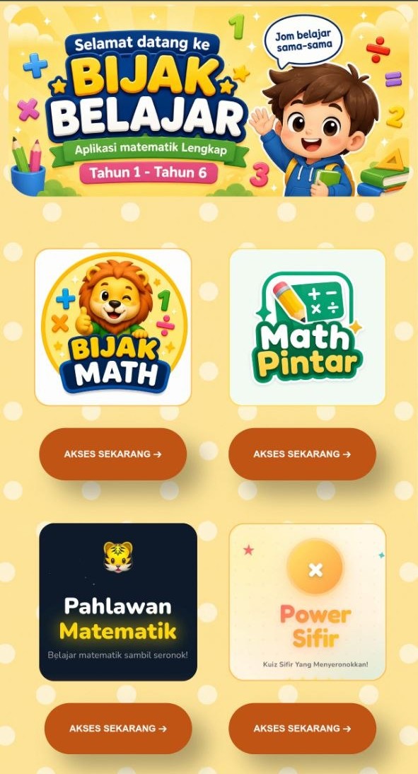 Skrin utama aplikasi Bijak Belajar memaparkan pilihan modul matematik