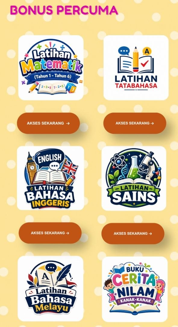 Skrin bonus percuma dengan latihan tambahan seperti tatabahasa, bahasa Inggeris dan sains
