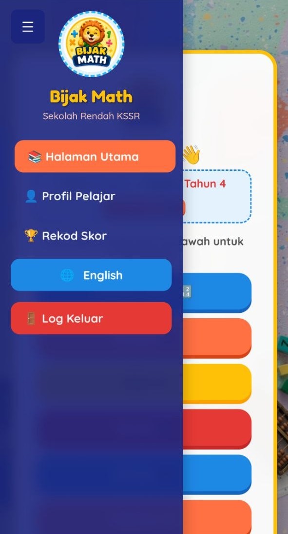 Menu sisi memaparkan profil pelajar, rekod skor dan pilihan tahun persekolahan
