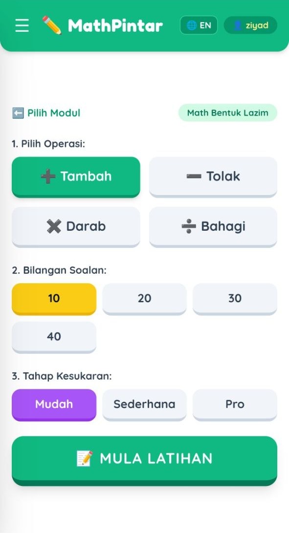 Skrin pilih operasi dan tahap kesukaran dalam aplikasi