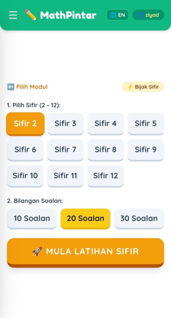 Skrin pilih jadual sifir dan bilangan soalan latihan
