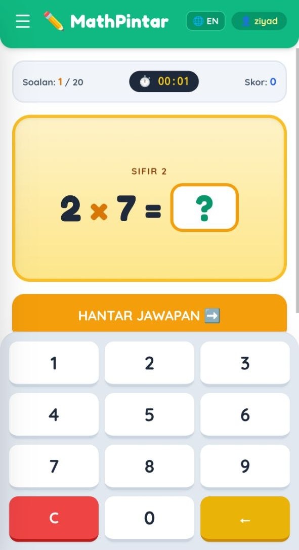 Skrin latihan sedang dijawab lengkap dengan pemasa dan skor