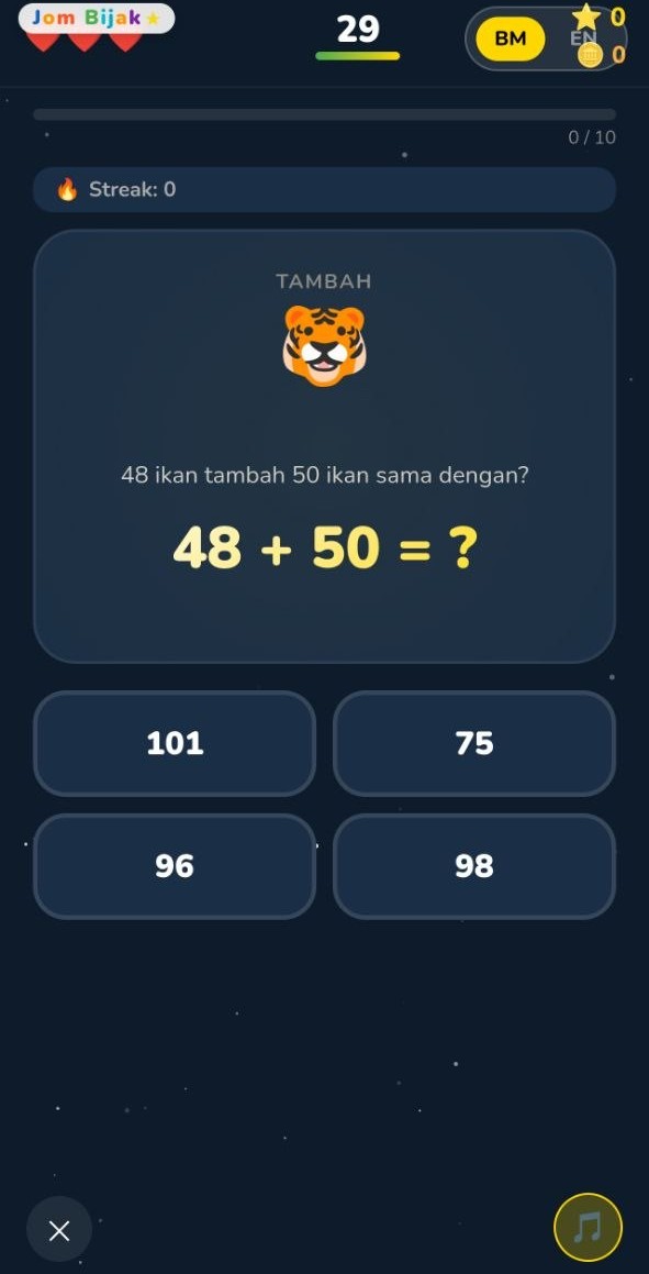 Skrin kuiz bergaya permainan dengan soalan tambah dan pilihan jawapan